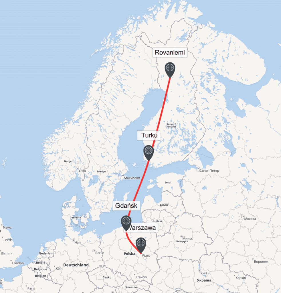 Mapa trasy Warszawa – Gdańsk – Turku – Rovaniemi