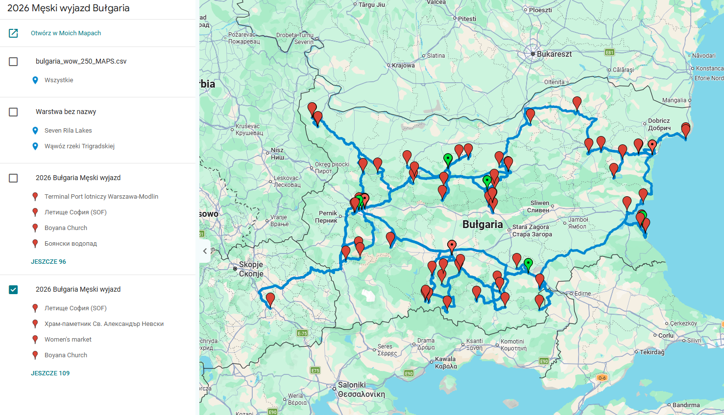 Planowanie podróży do Bułgarii: robocza mapa Google Moje Mapy z warstwami, punktami i przejazdami.