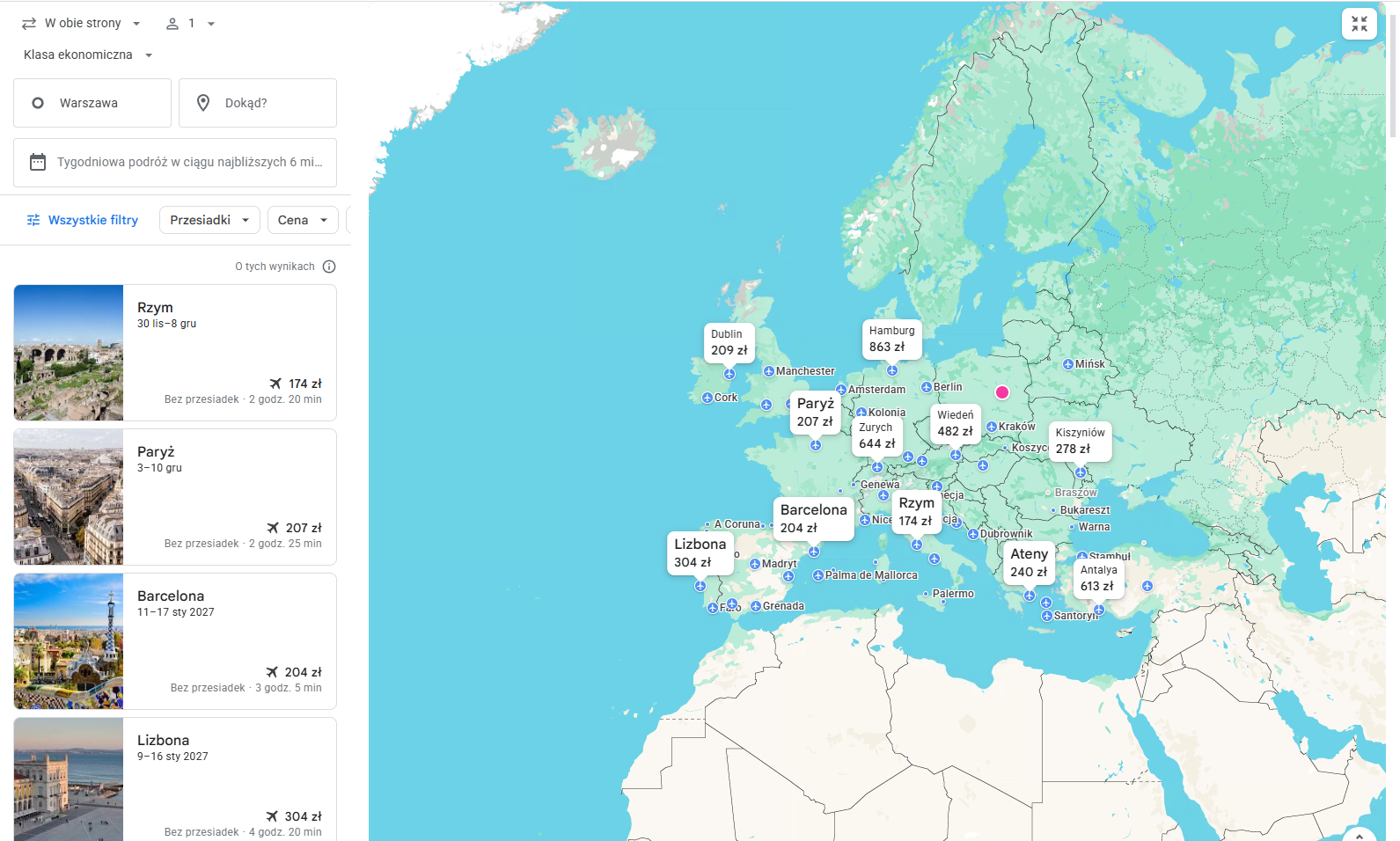 Planowanie podróży w Google Flights: mapa kierunków z Warszawy, elastyczny termin oraz ceny widoczne przy miastach.