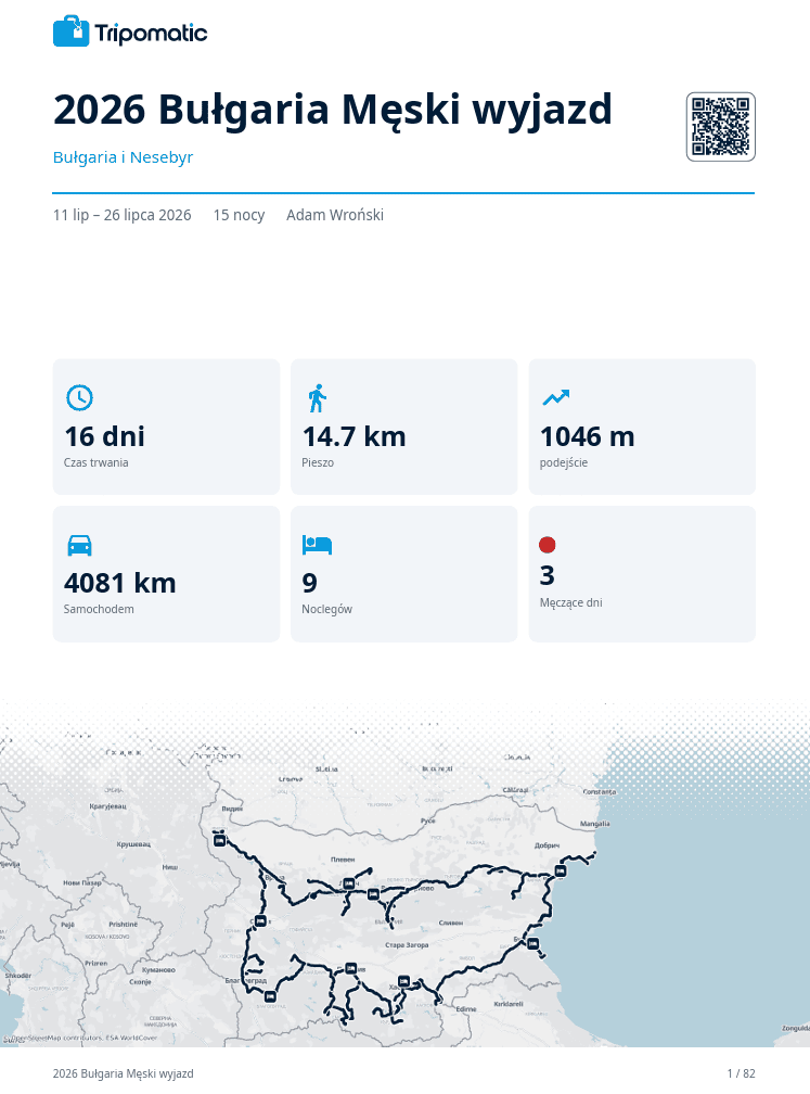 Pierwsza strona eksportu z Tripomatic: Bułgaria 2026, podsumowanie planu i mapa trasy.