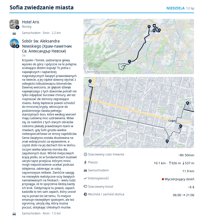 Plan zwiedzania Sofii z Tripomatic: mapy, kolejność miejsc i opis soboru św. Aleksandra Newskiego skierowany do Krzyśka i Tomka.